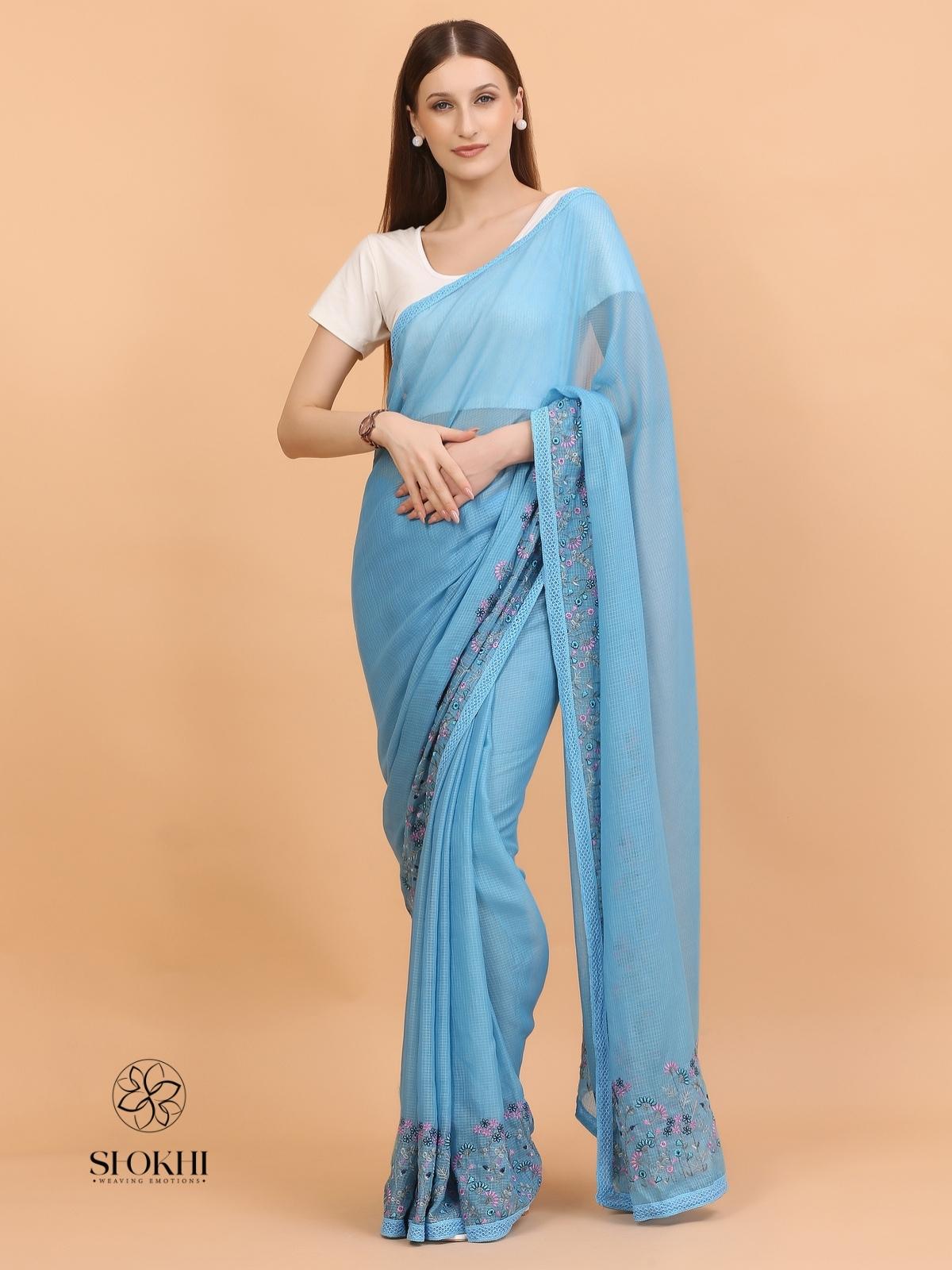 Vaya - Kota Check Embroidered Saree - Teal Blue - SO-EM-001 - Shokhi