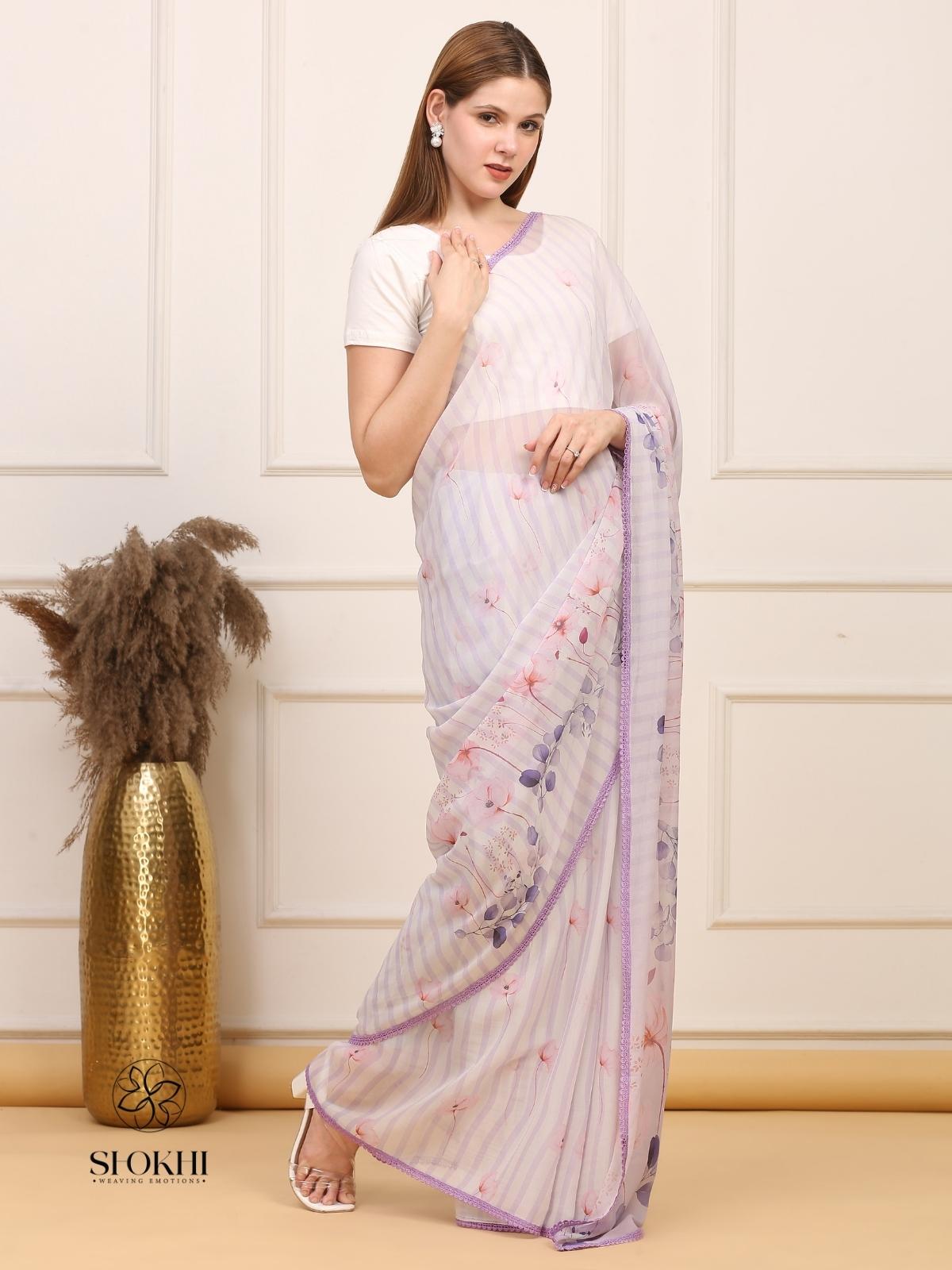 Vibha - Printed Georgette Saree - Pastel Lavender - SO-SAPR-002 - Shokhi
