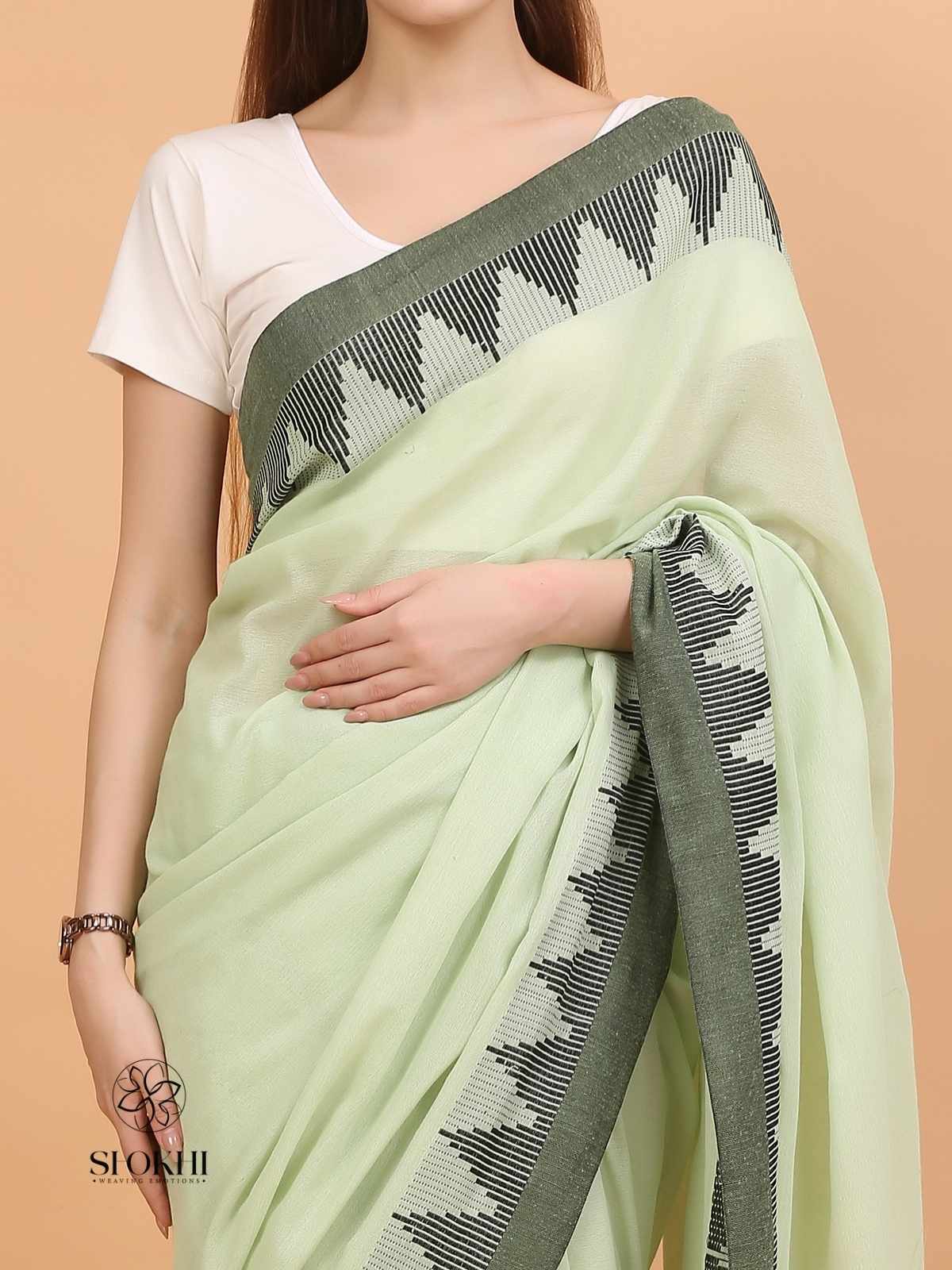 Komal - Soft Cotton Saree - Light Green - SO-CC-003 - Shokhi