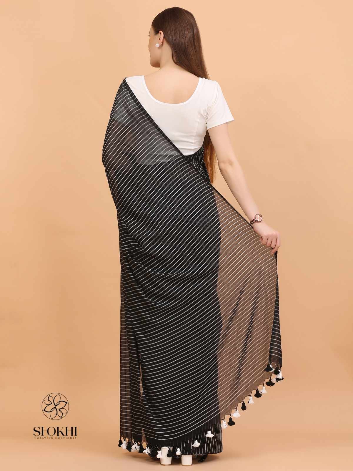 Komal - Soft Cotton Saree - Charcoal Black - SO-CC-007 - Shokhi