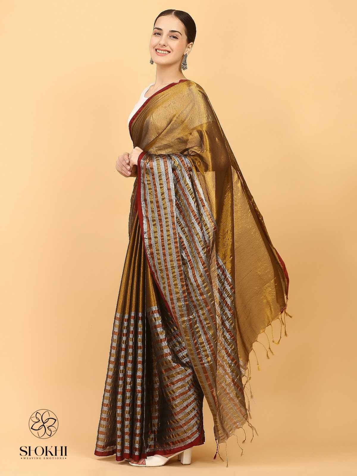 Swarnika - Metallic Tissue Saree - Striped Golden - SO-TS-005