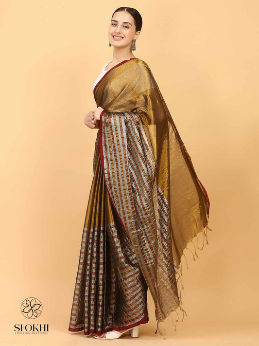 Swarnika - Metallic Tissue Saree - Striped Golden - SO-TS-005