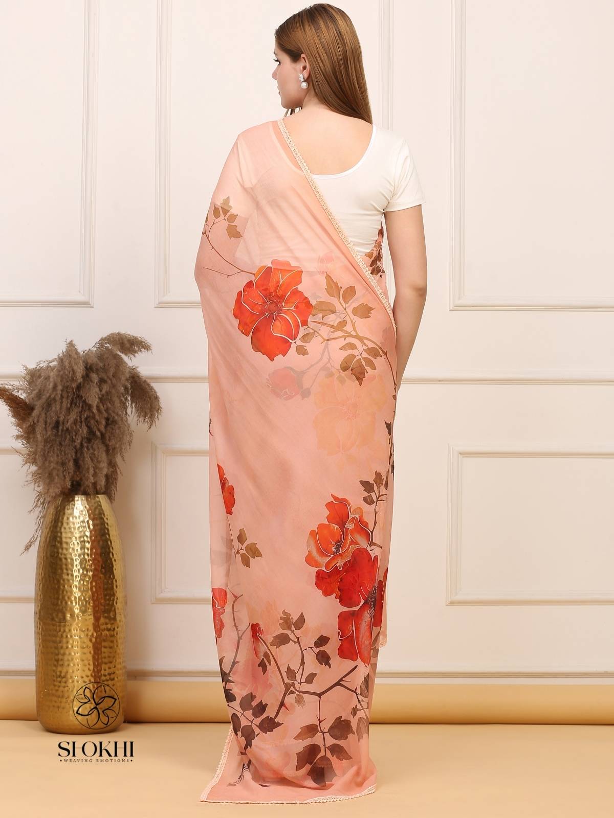 Vibha - Printed Georgette Saree - Vibrant Beige - SO-SAPR-003 - Shokhi