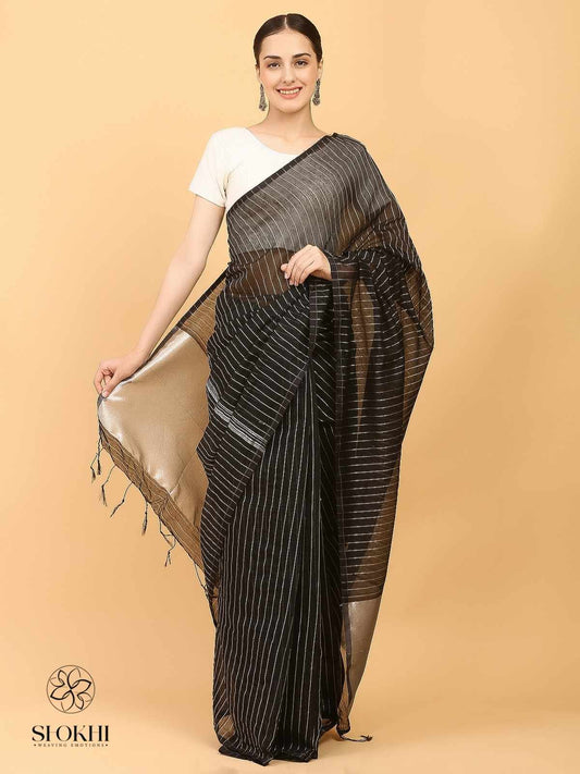 Swarnika - Metallic Tissue Saree - Silver Stripe Black - SO-TS-004