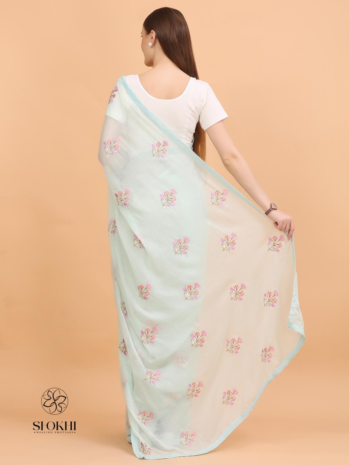Vaya - Kota Check Embroidered Saree - Sea Green - SO-EM-004 - Shokhi