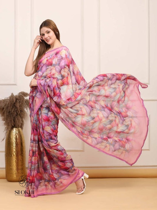 Vibha - Printed Georgette Saree - Pink Multicolor - SO-SAPR-004 - Shokhi