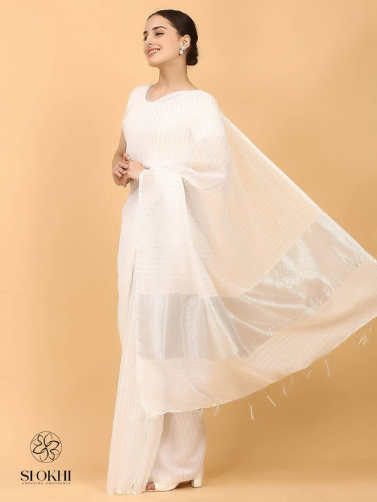 Swarnika - Metallic Tissue Saree - Silver Stripe White - SO-TS-011