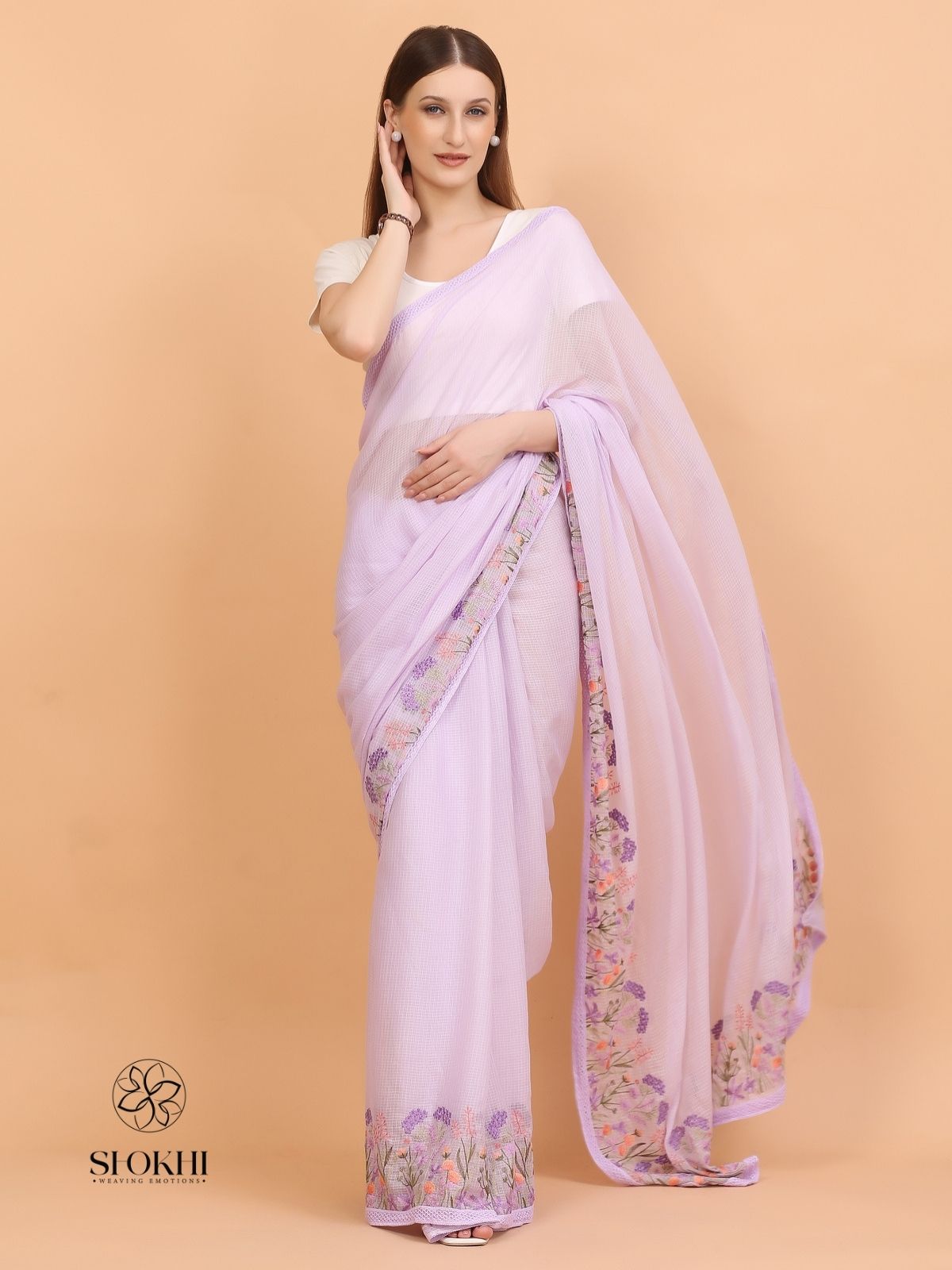 Vaya - Kota Check Embroidered Saree - Pastel Lavender - SO-EM-003 - Shokhi