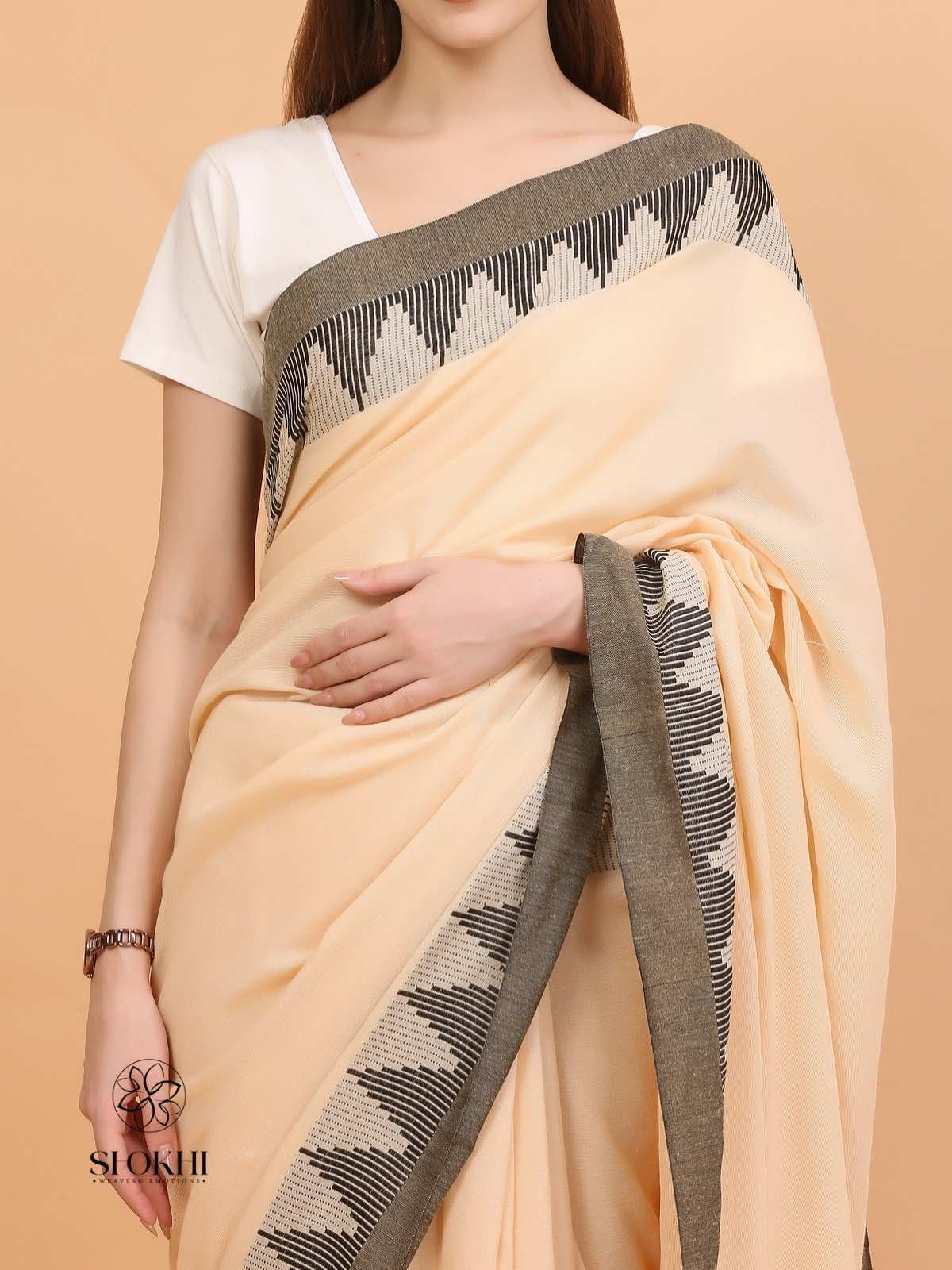 Komal - Soft Cotton Saree - Soft Beige - SO-CC-004 - Shokhi