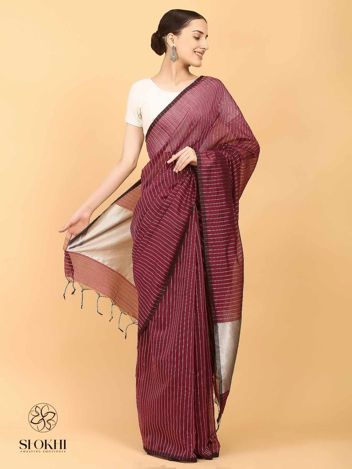 Swarnika - Metallic Tissue Saree - Silver Stripe Pink - SO-TS-007
