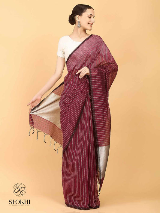 Swarnika - Metallic Tissue Saree - Silver Stripe Pink - SO-TS-007