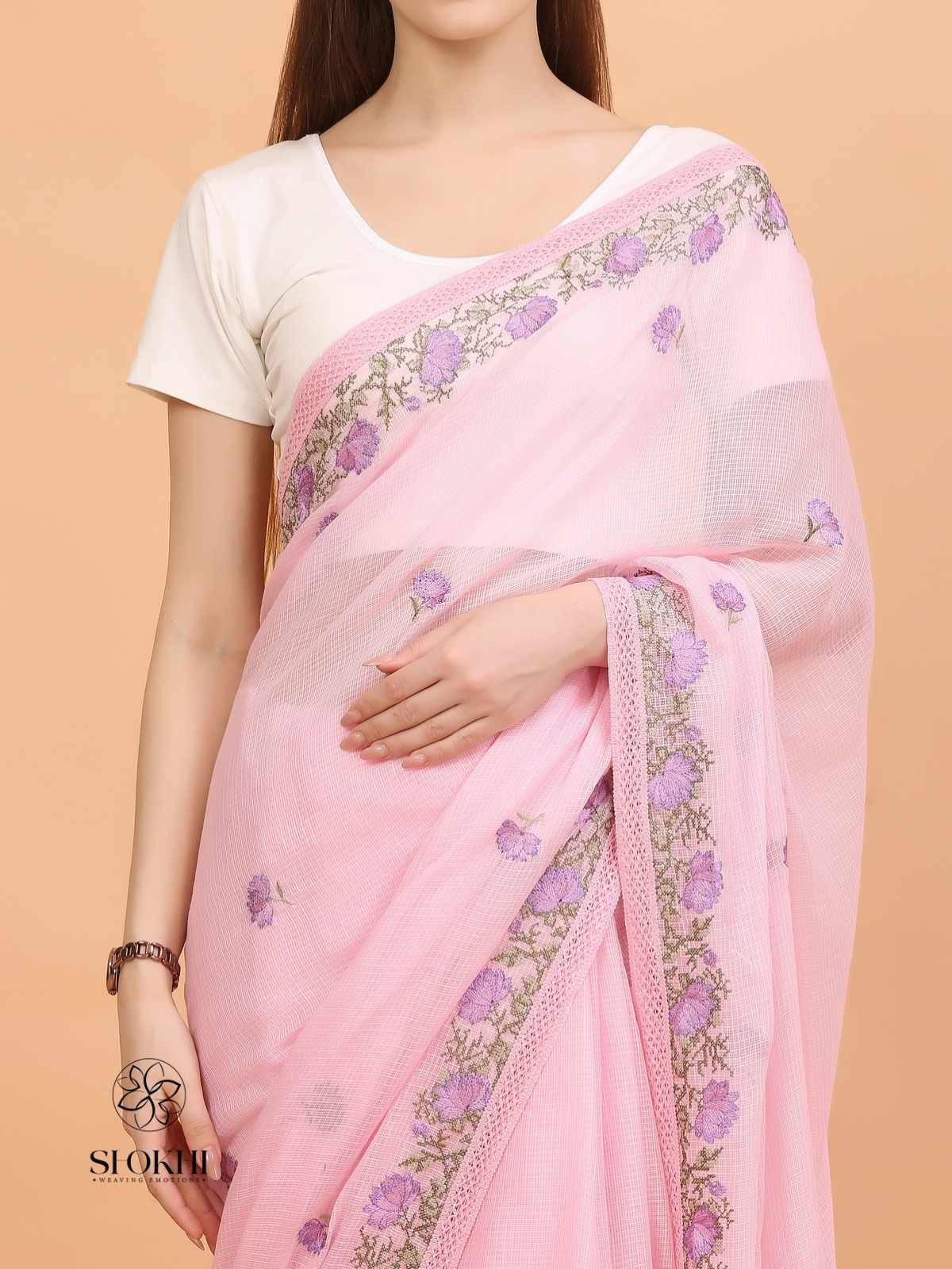 Vaya - Kota Check Embroidered Saree - Blush Pink - SO-EM-005 - Shokhi