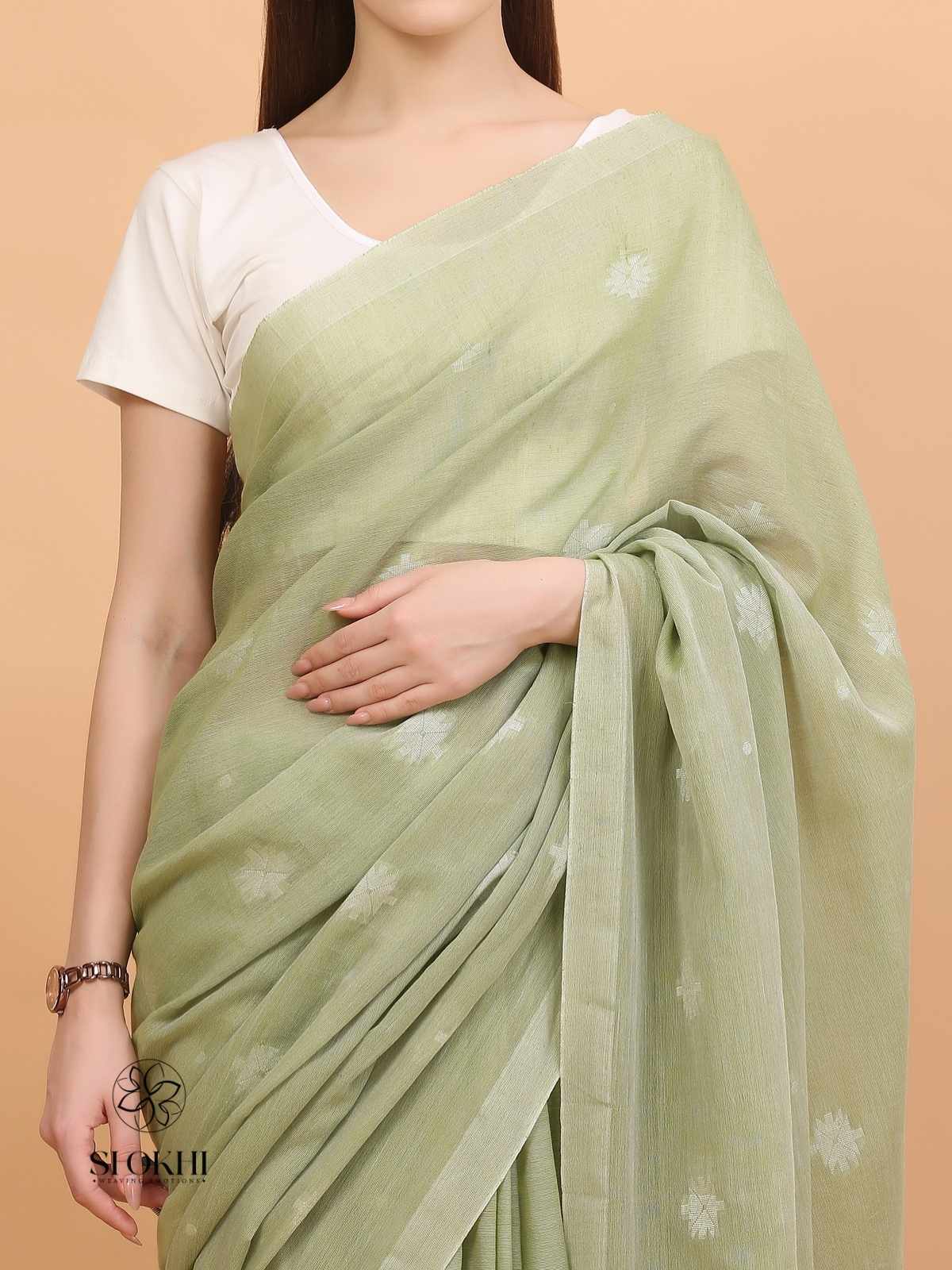 Komal - Soft Cotton Saree - Sage Green - SO-CC-005 - Shokhi