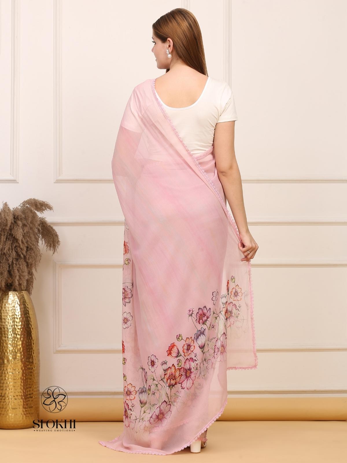 Vibha - Printed Georgette Saree - Blush Pink - SO-SAPR-005 - Shokhi
