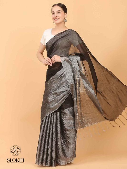 Swarnika - Metallic Tissue Saree - Silver Black - SO-TS-002