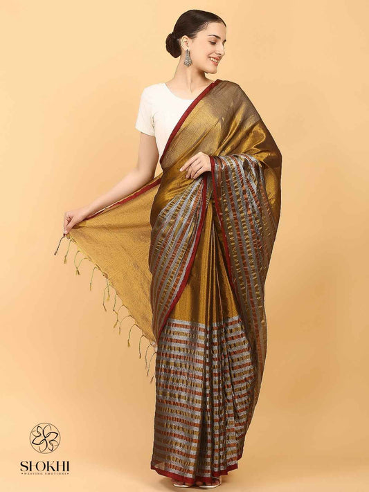Swarnika - Metallic Tissue Saree - Striped Golden - SO-TS-005