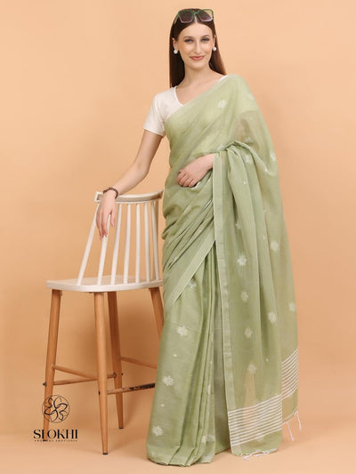 Komal - Soft Cotton Saree - Sage Green - SO-CC-005 - Shokhi