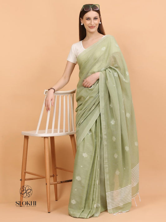 Komal - Soft Cotton Saree - Sage Green - SO-CC-005 - Shokhi