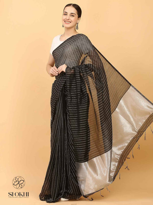 Swarnika - Metallic Tissue Saree - Silver Stripe Black - SO-TS-004