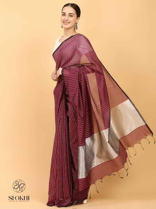 Swarnika - Metallic Tissue Saree - Silver Stripe Pink - SO-TS-007