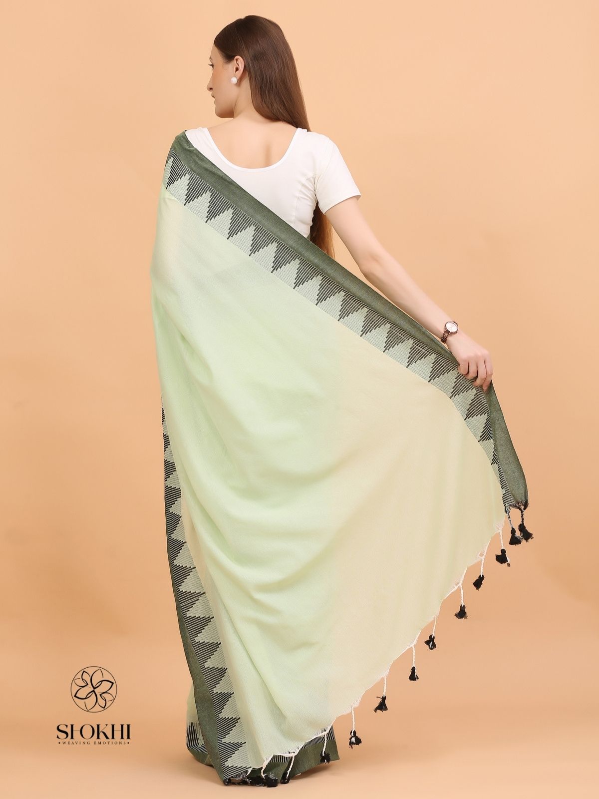 Komal - Soft Cotton Saree - Light Green - SO-CC-003 - Shokhi