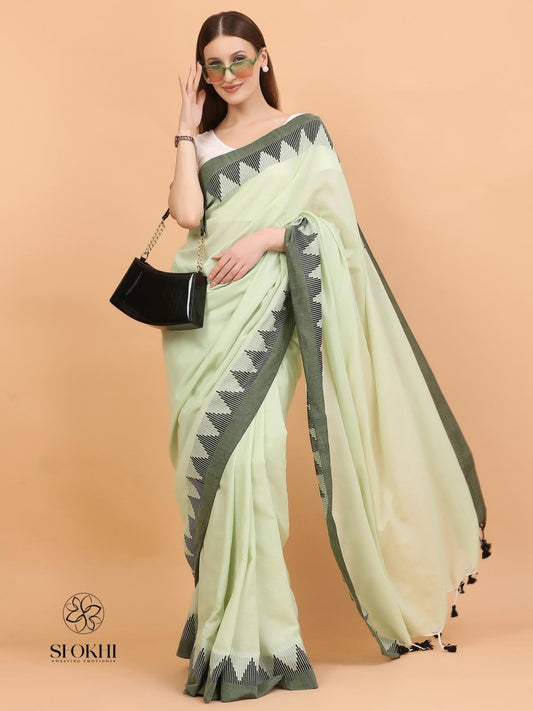 Komal - Soft Cotton Saree - Light Green - SO-CC-003 - Shokhi