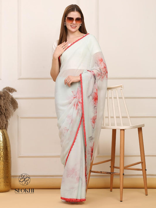 Vibha - Printed Georgette Saree - Aqua Green - SO-SAPR-001 - Shokhi