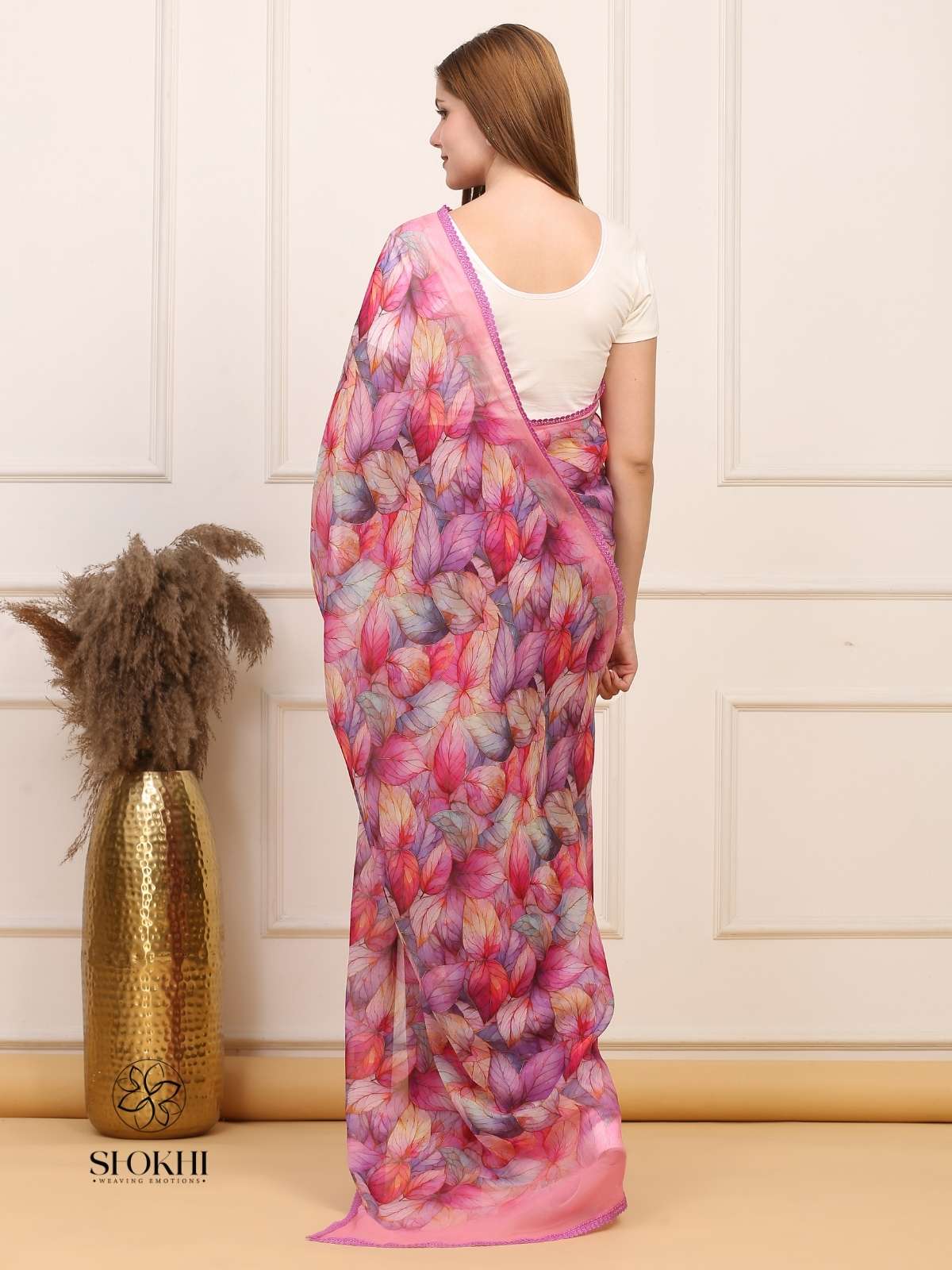 Vibha - Printed Georgette Saree - Pink Multicolor - SO-SAPR-004 - Shokhi