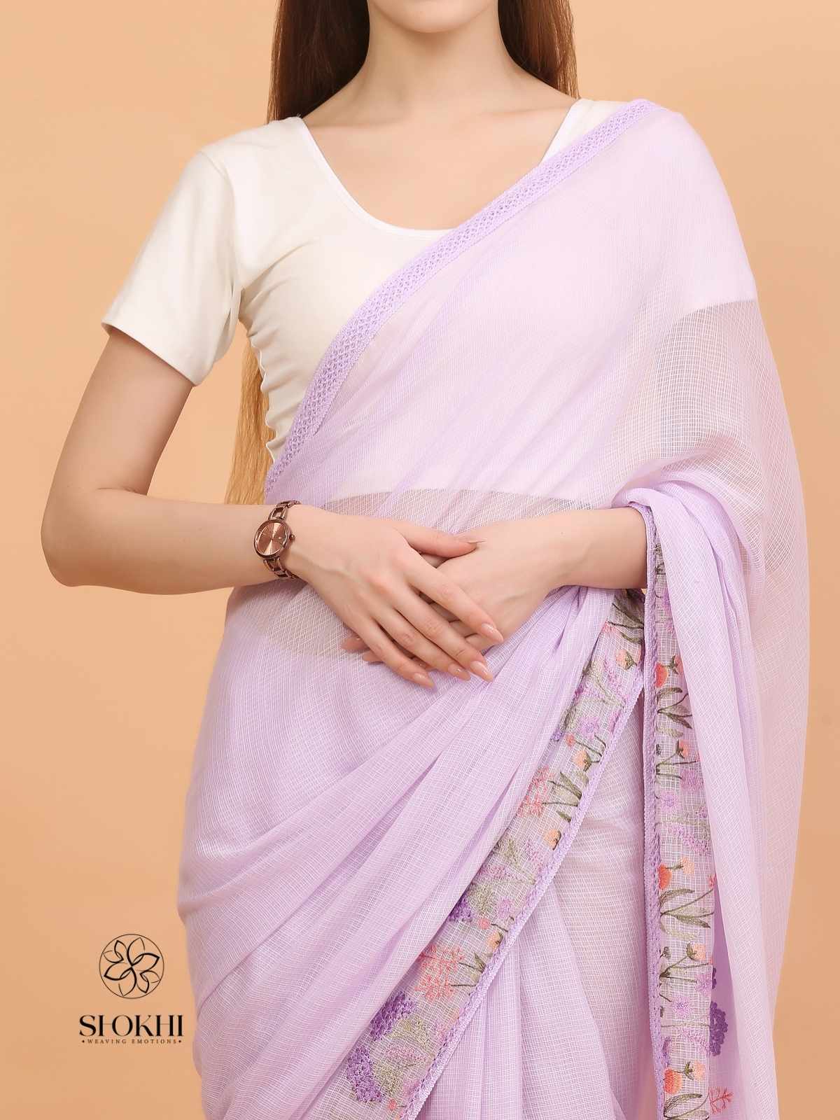 Vaya - Kota Check Embroidered Saree - Pastel Lavender - SO-EM-003 - Shokhi