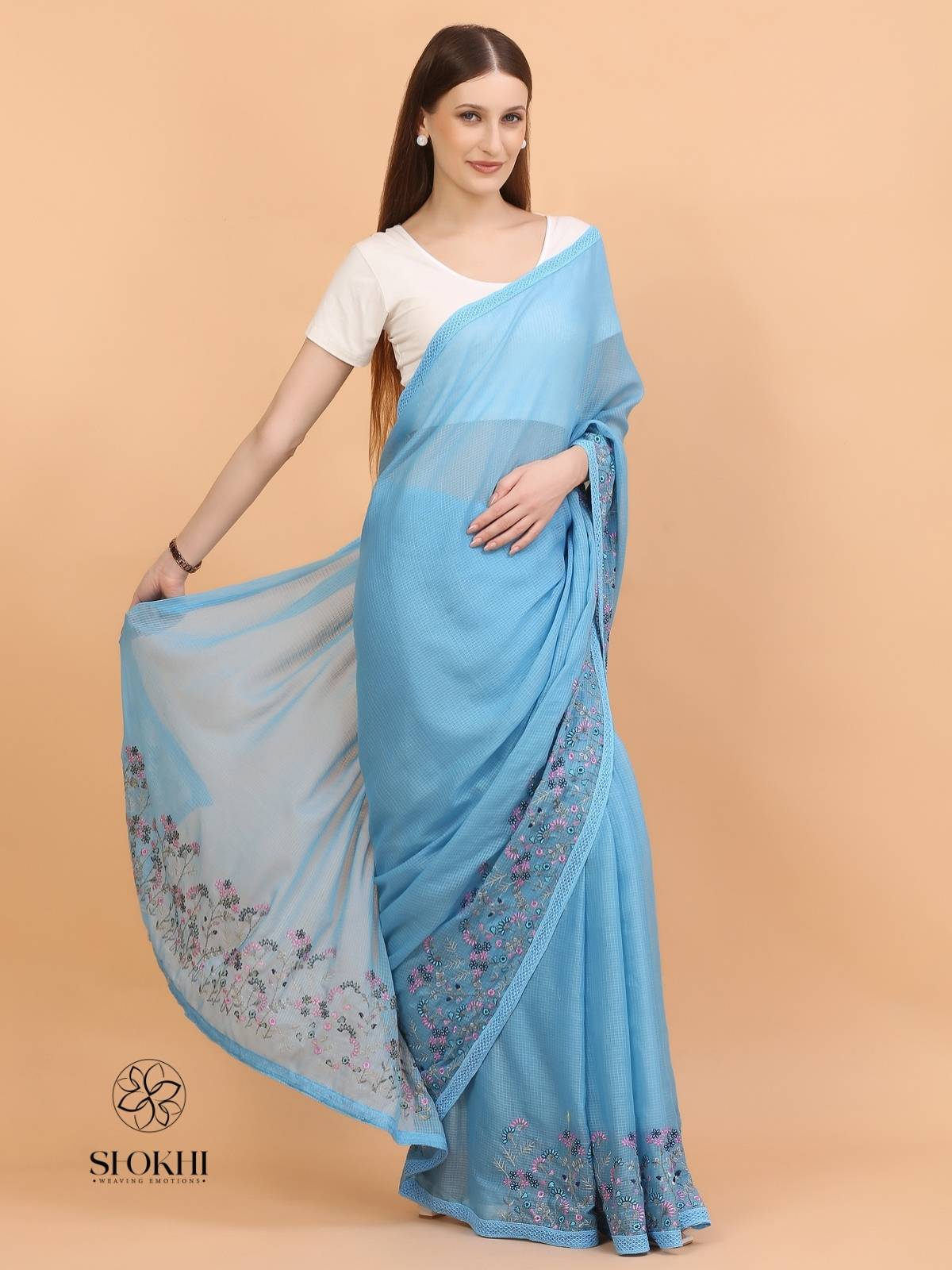 Vaya - Kota Check Embroidered Saree - Teal Blue - SO-EM-001 - Shokhi
