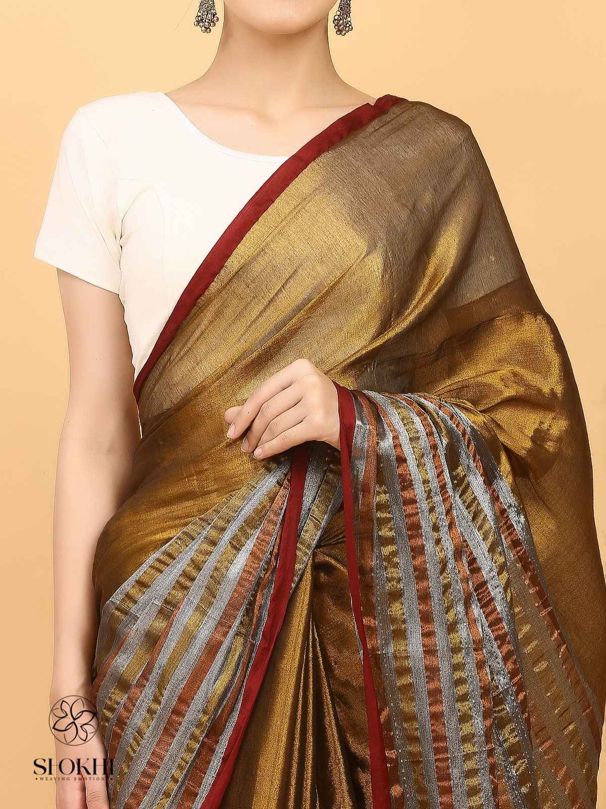 Swarnika - Metallic Tissue Saree - Striped Golden - SO-TS-005