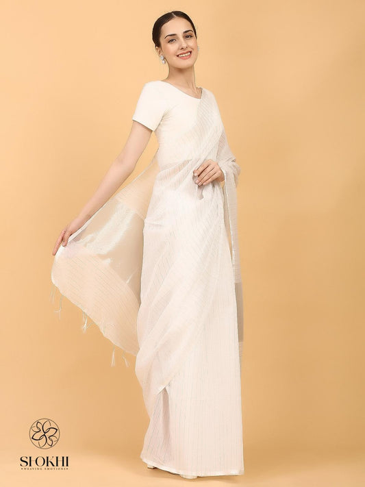 Swarnika - Metallic Tissue Saree - Silver Stripe White - SO-TS-011