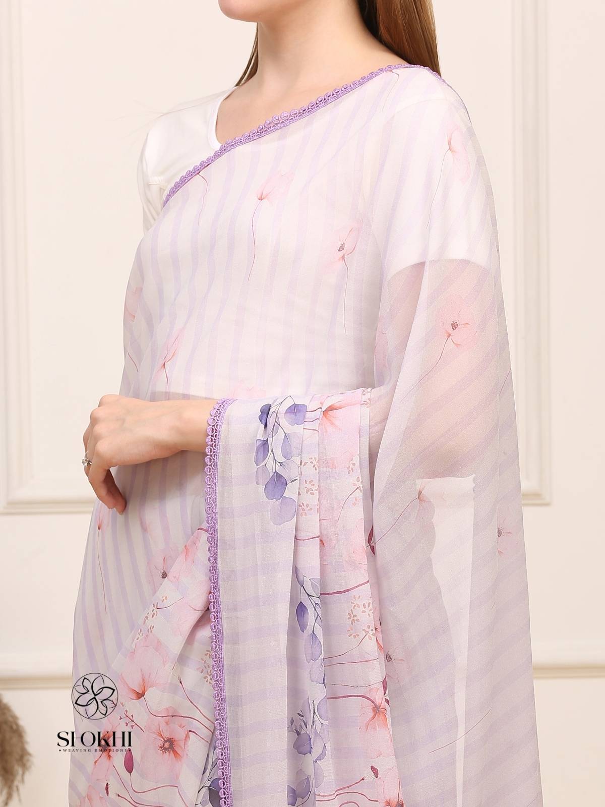 Vibha - Printed Georgette Saree - Pastel Lavender - SO-SAPR-002 - Shokhi
