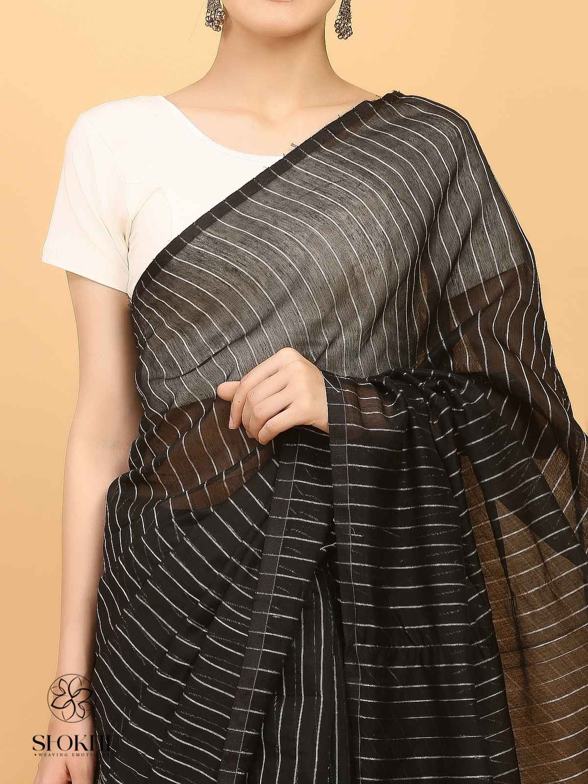 Swarnika - Metallic Tissue Saree - Silver Stripe Black - SO-TS-004