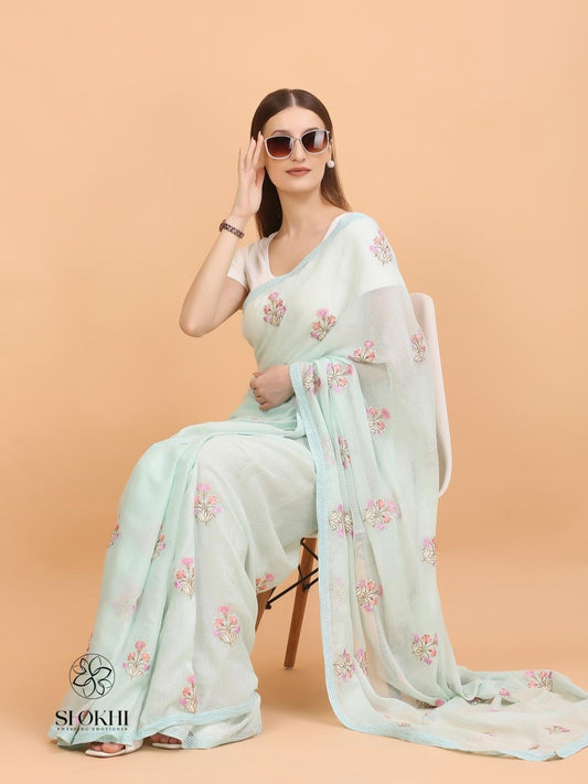 Vaya - Kota Check Embroidered Saree - Sea Green - SO-EM-004 - Shokhi