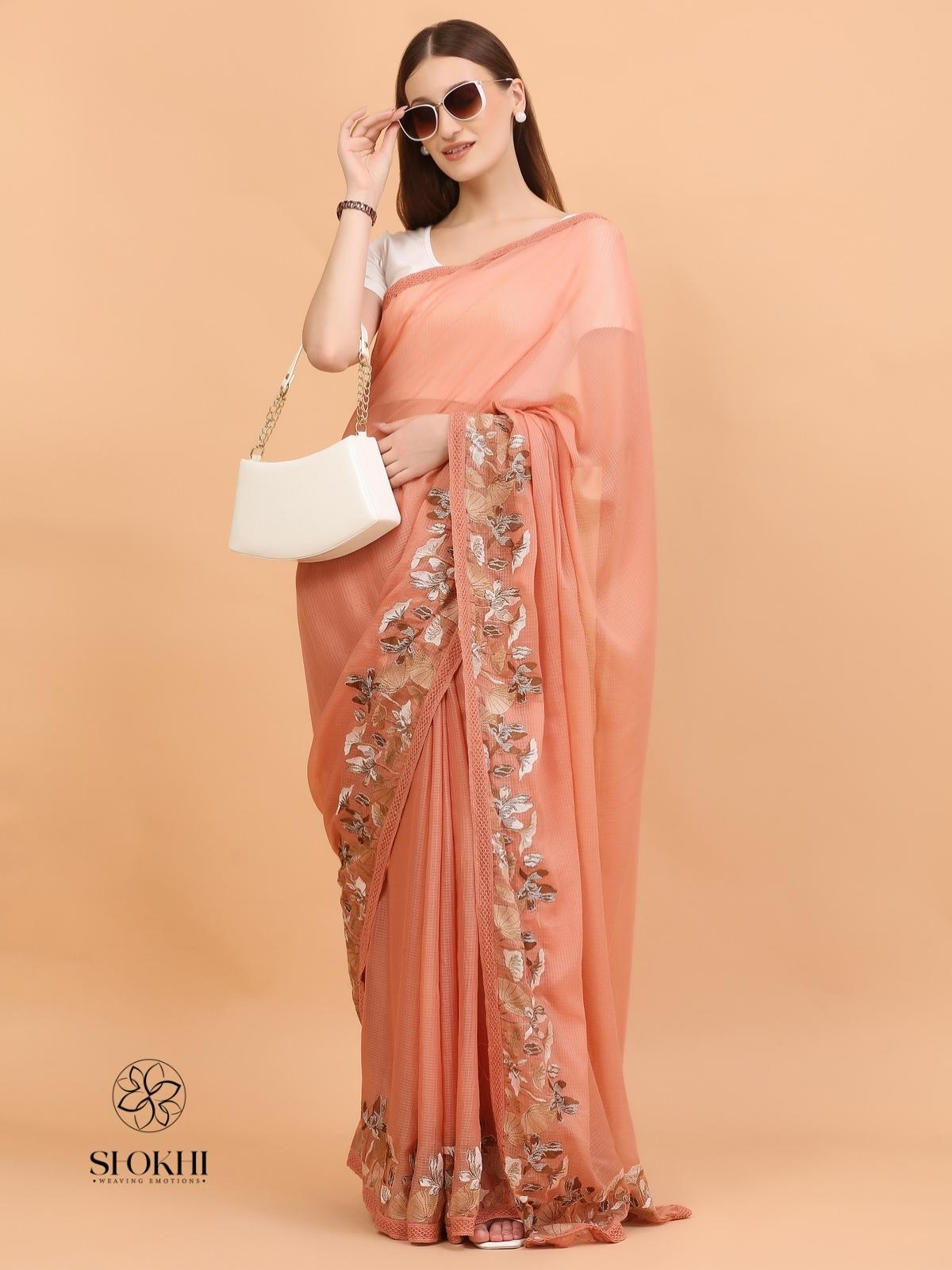 Vaya - Kota Check Embroidered Saree - Rust Orange - SO-EM-002 - Shokhi