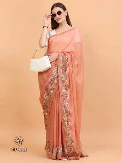 Vaya - Kota Check Embroidered Saree - Rust Orange - SO-EM-002 - Shokhi
