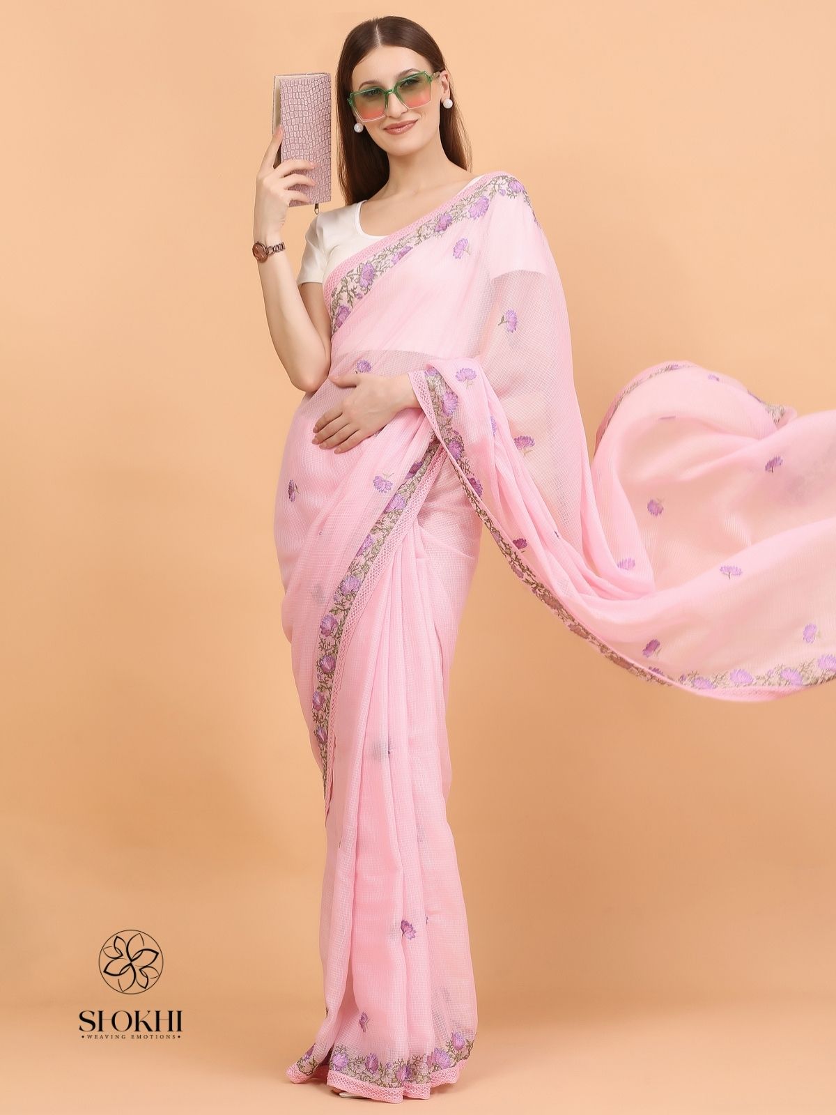 Vaya - Kota Check Embroidered Saree - Blush Pink - SO-EM-005 - Shokhi