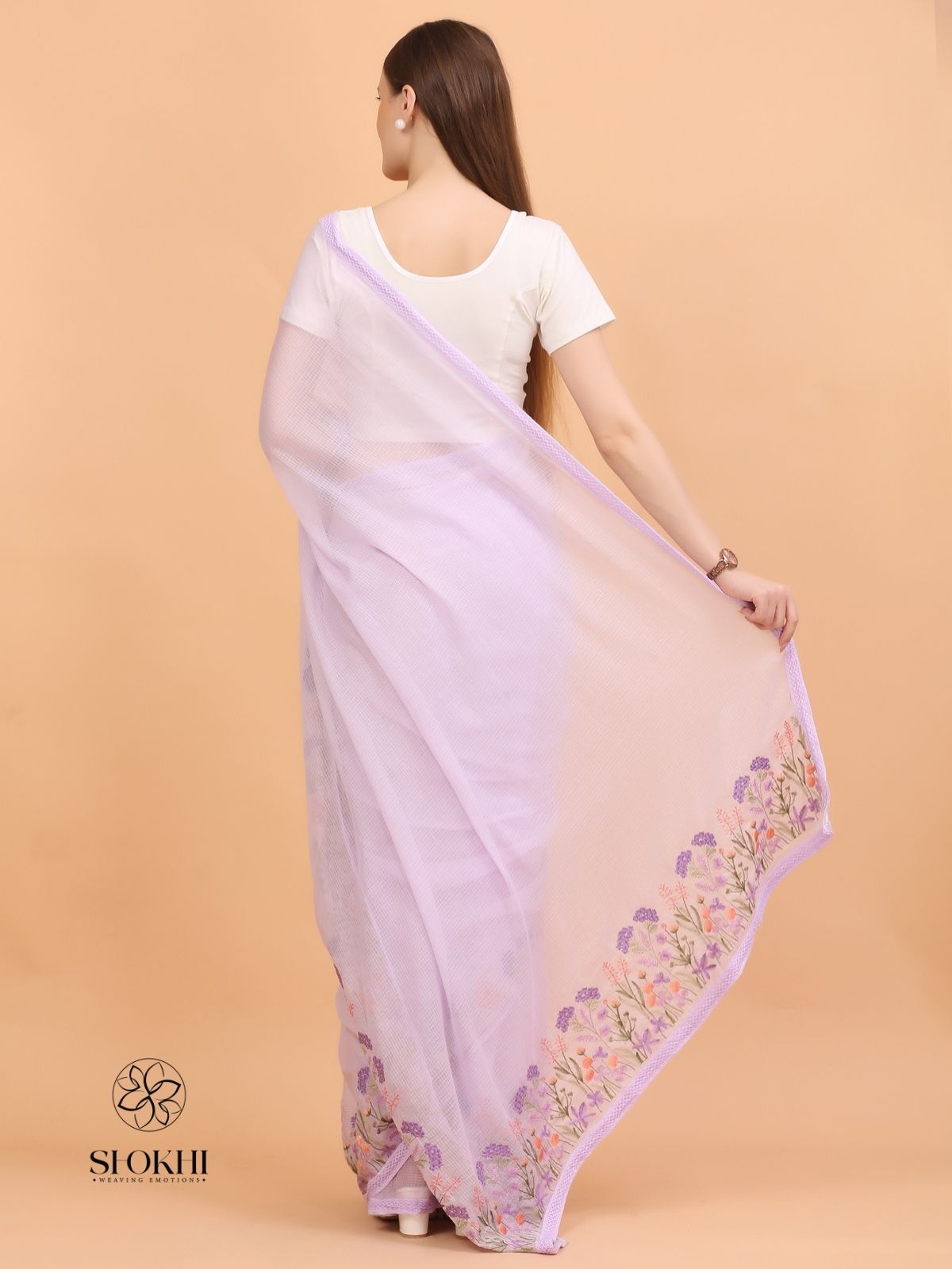 Vaya - Kota Check Embroidered Saree - Pastel Lavender - SO-EM-003 - Shokhi