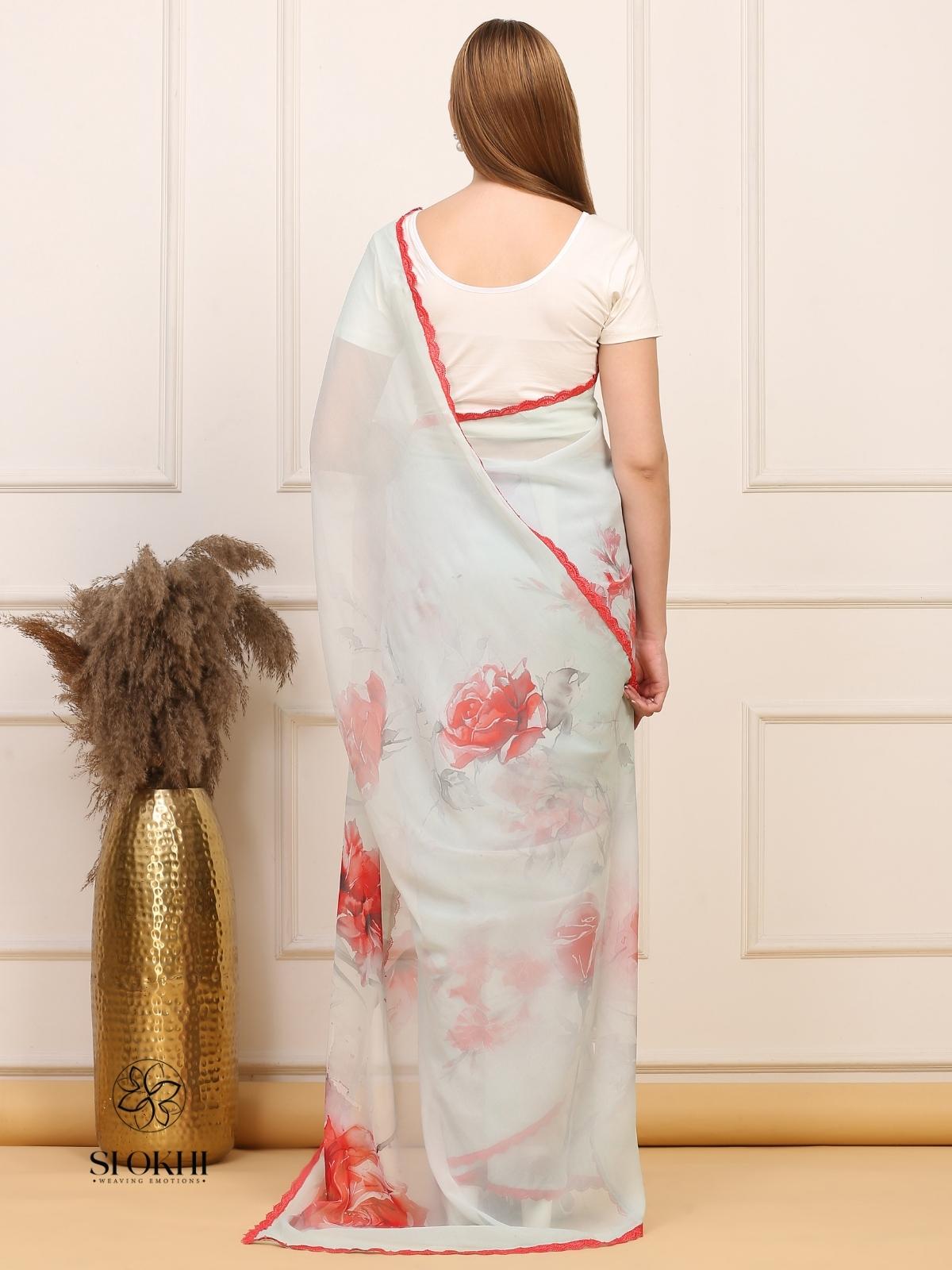 Vibha - Printed Georgette Saree - Aqua Green - SO-SAPR-001 - Shokhi