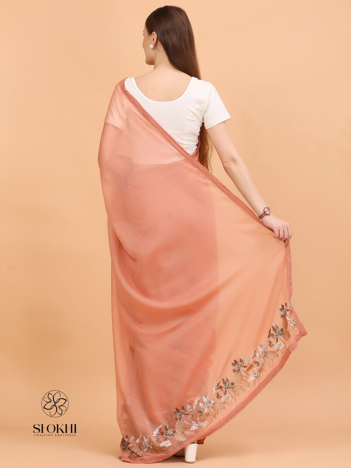 Vaya - Kota Check Embroidered Saree - Rust Orange - SO-EM-002 - Shokhi