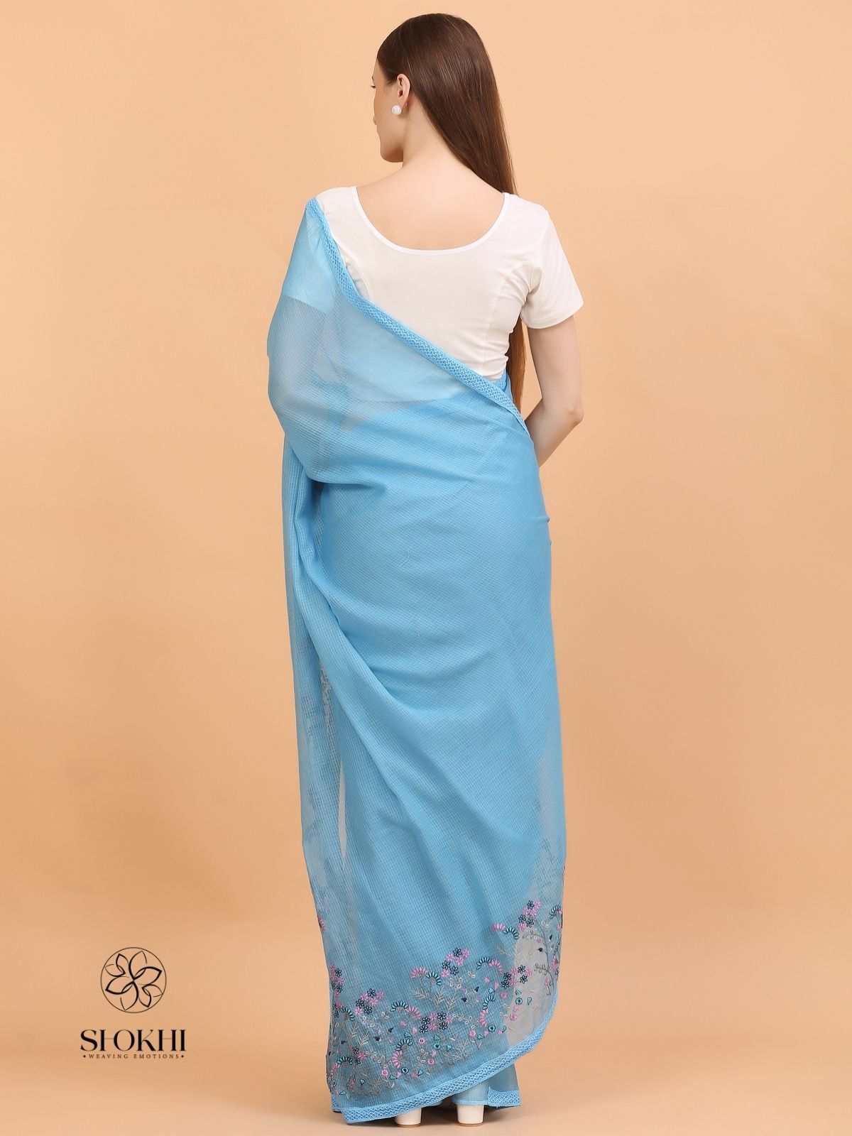 Vaya - Kota Check Embroidered Saree - Teal Blue - SO-EM-001 - Shokhi