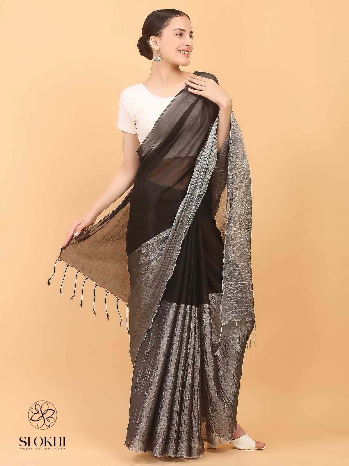 Swarnika - Metallic Tissue Saree - Silver Black - SO-TS-002