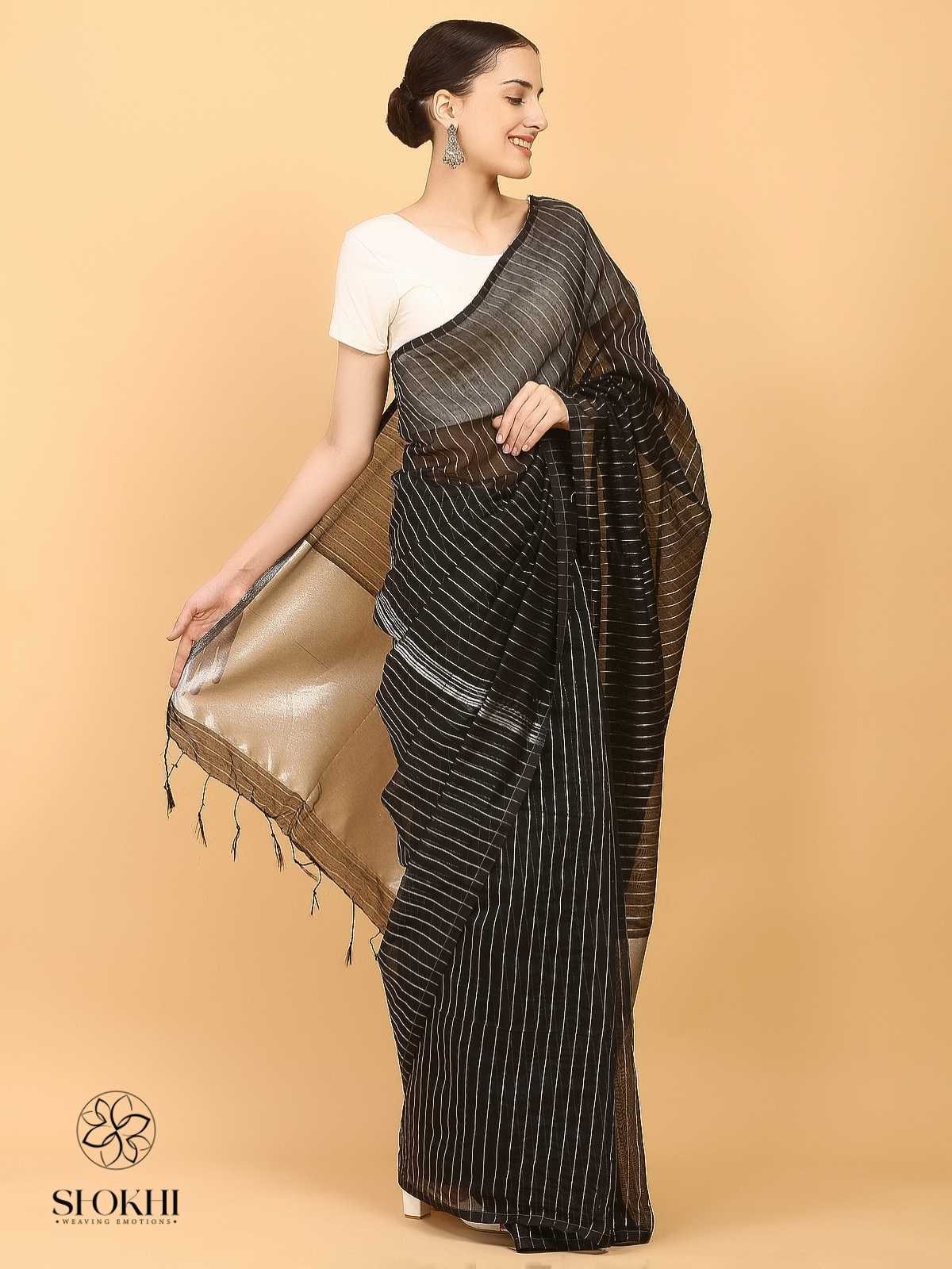 Swarnika - Metallic Tissue Saree - Silver Stripe Black - SO-TS-004