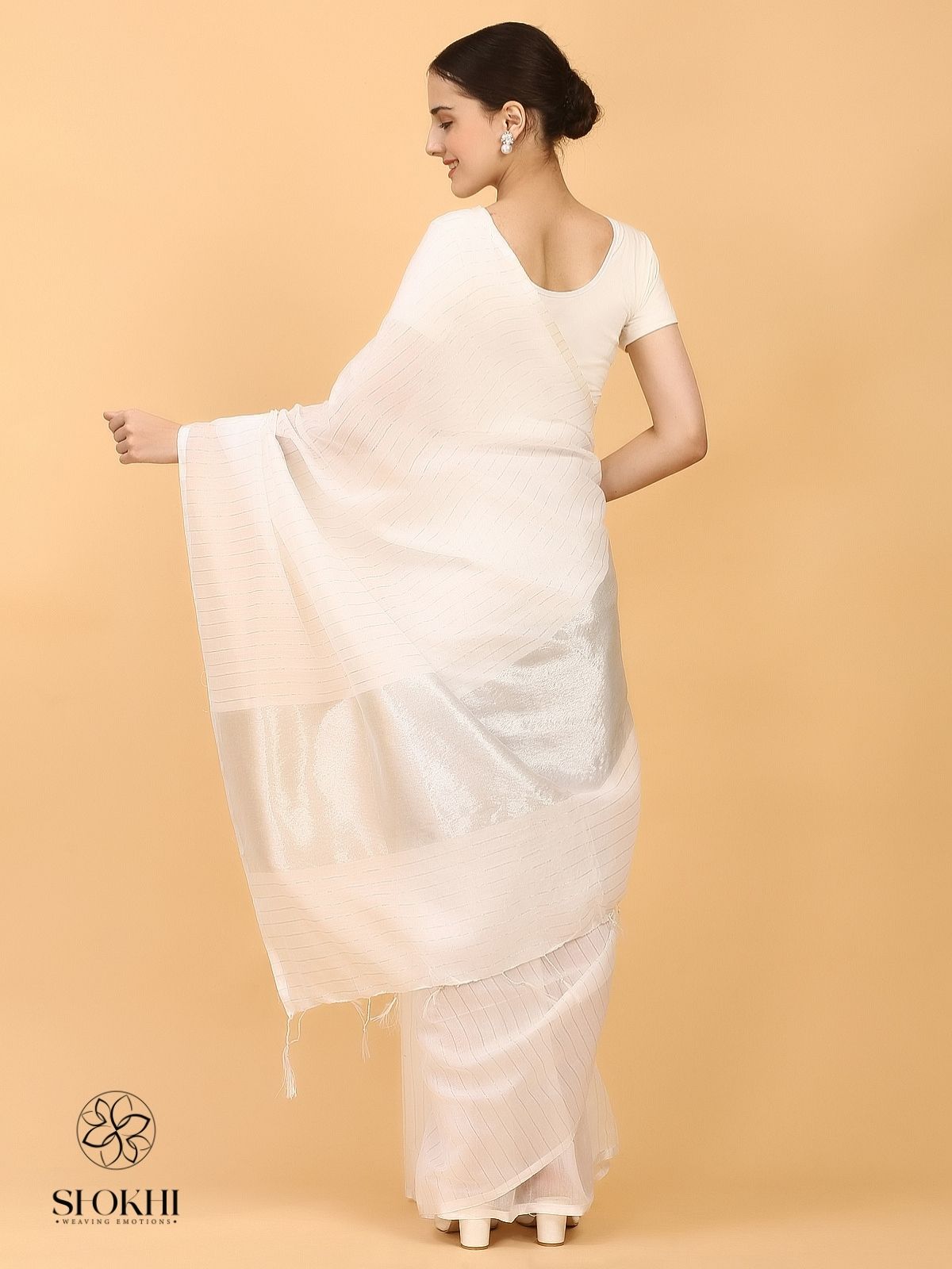 Swarnika - Metallic Tissue Saree - Silver Stripe White - SO-TS-011