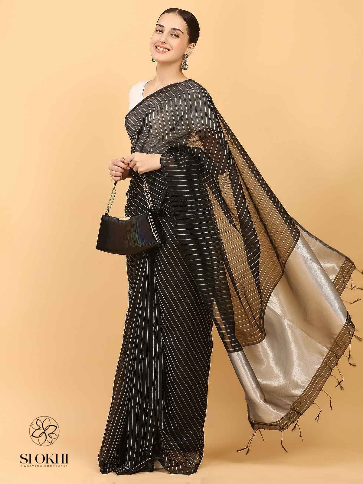 Swarnika - Metallic Tissue Saree - Silver Stripe Black - SO-TS-004