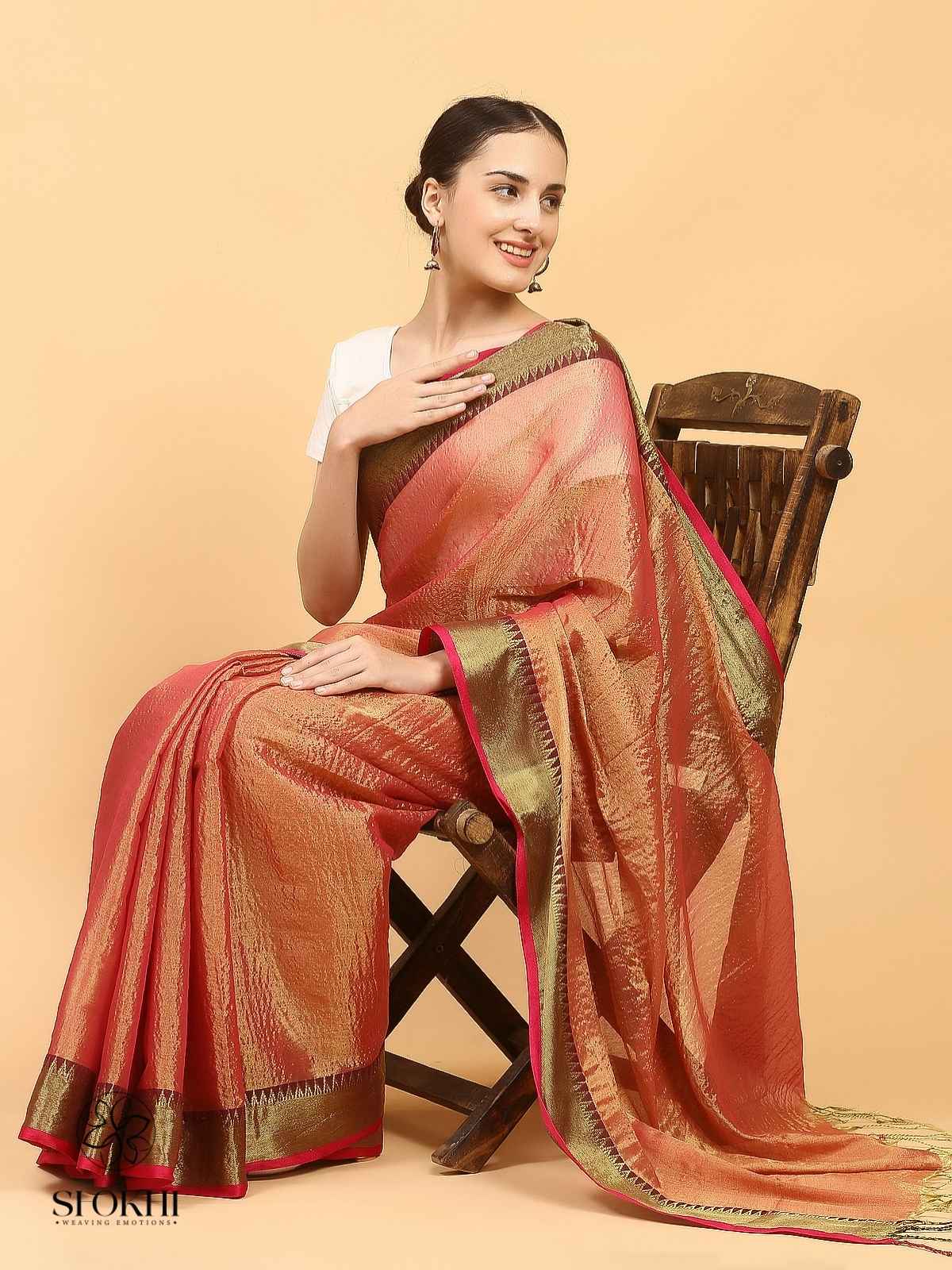 Swarnika - Metallic Tissue Saree - Orange Tissue - SO-TS-010