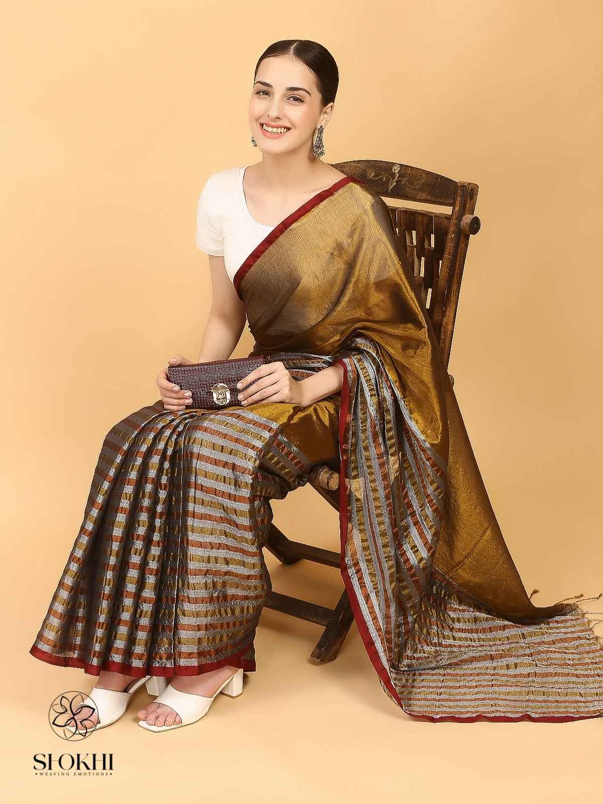 Swarnika - Metallic Tissue Saree - Striped Golden - SO-TS-005