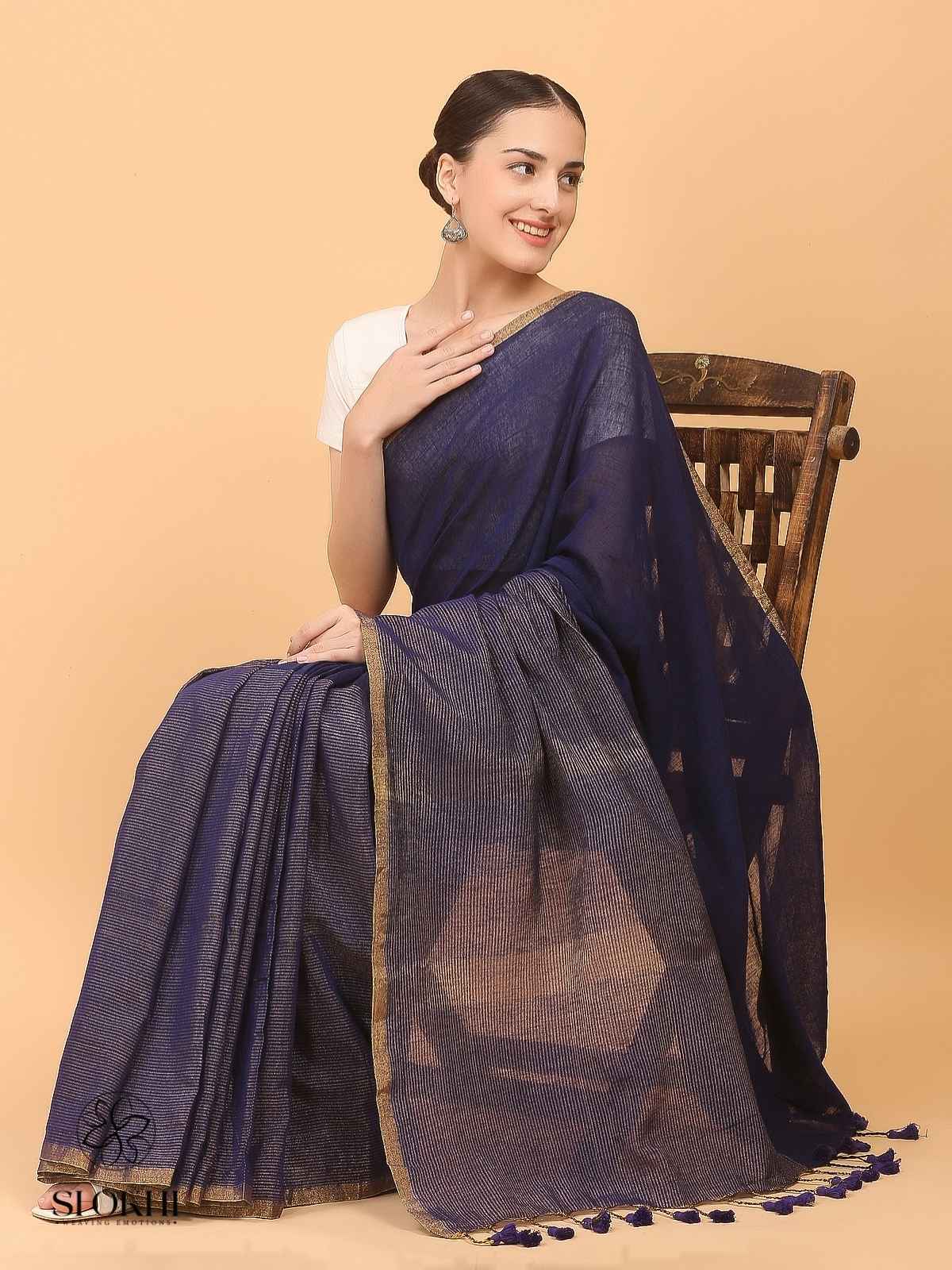 Swarnika - Metallic Tissue Saree - Navy Blue - SO-TS-001