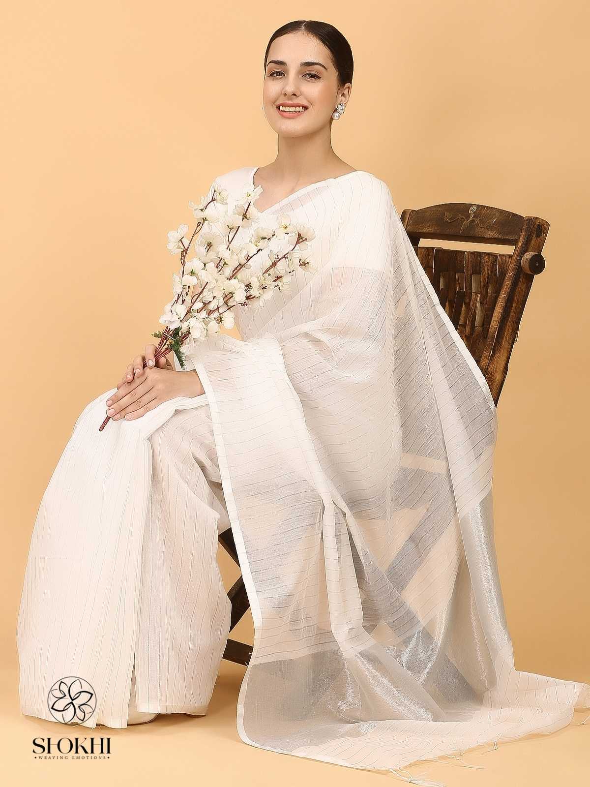 Swarnika - Metallic Tissue Saree - Silver Stripe White - SO-TS-011
